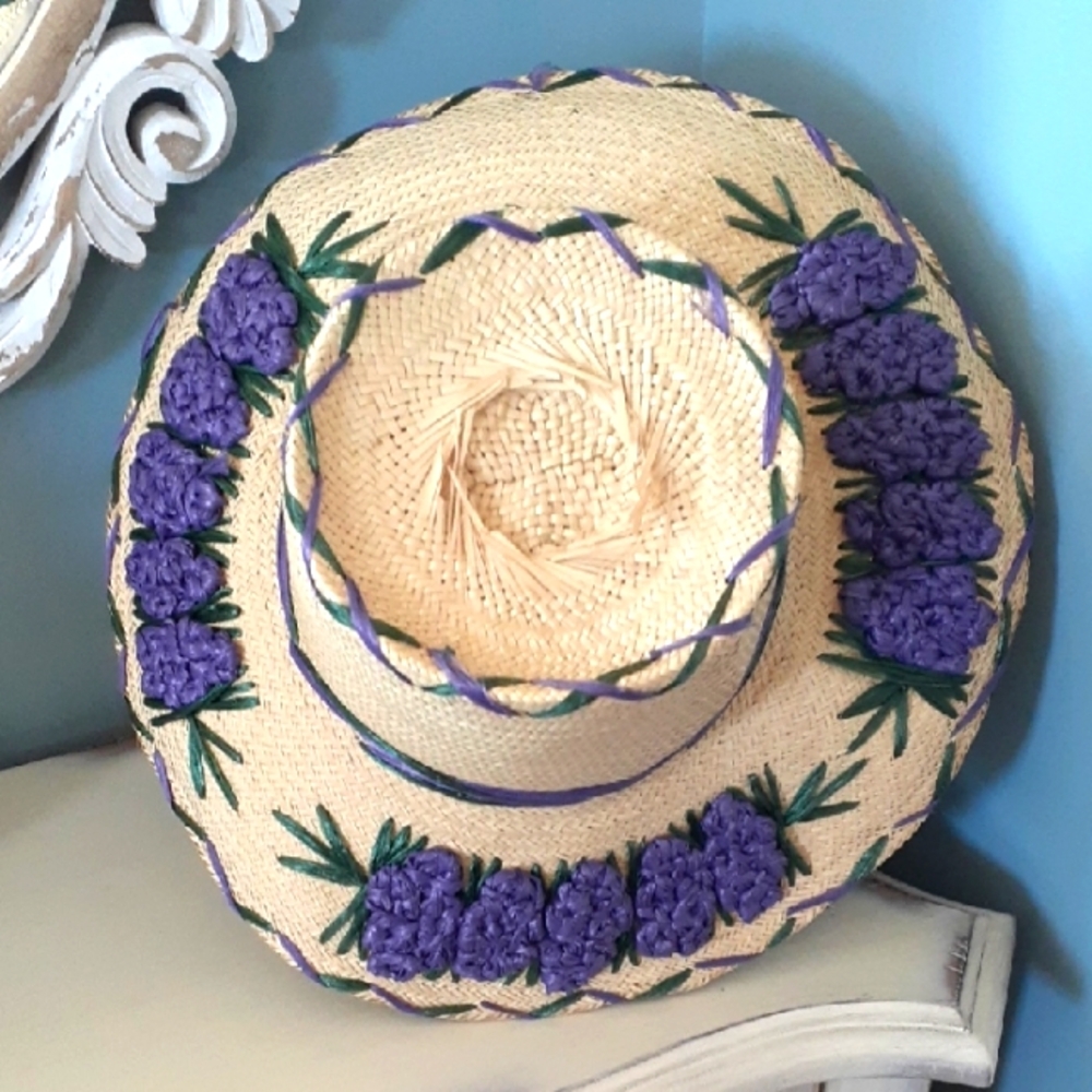 & Wide Brimmed Straw Hat with Purple Floral Accents